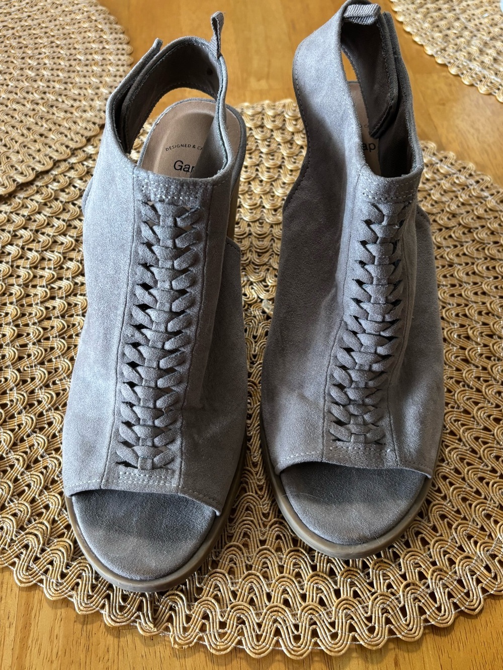 GAP Gray Suede Peep Toe Woven Front Ankle Boots Stacked Block Heel Womens 8